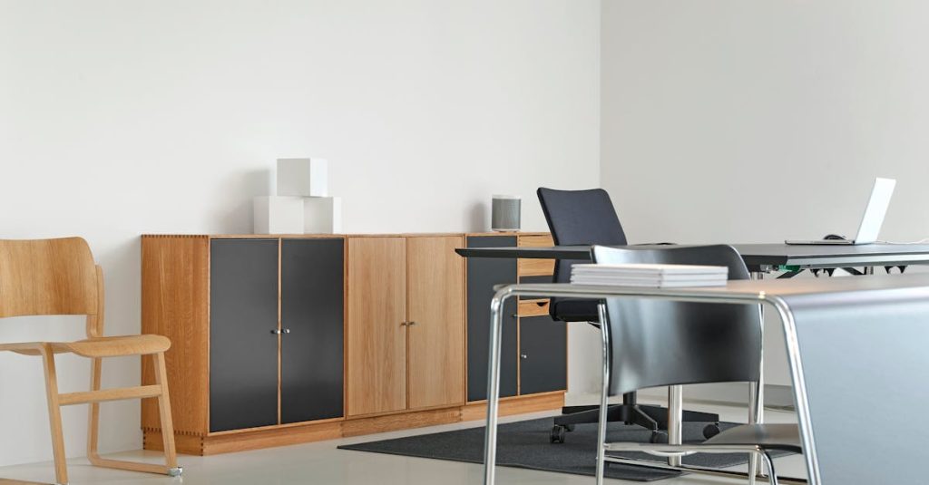 A clean and organized modern office space with stylish furniture and decor.